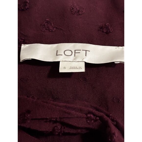 LOFT Burgundy Swiss Dot Tie Neck Button Front Blouse S Romantic Cottagecore - Picture 3 of 8